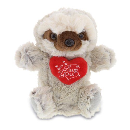 DolliBu I Love You Valentine Plush Sloth Hand Puppet - Cute Stuffed Animal with Red Heart and Name Personalization Gift for Valentines Day, Birthday, Anniversary - 9.5 Inches