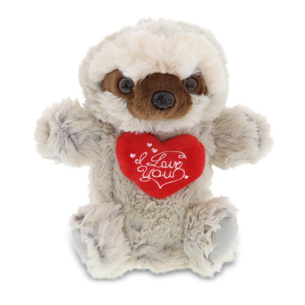 DolliBu I Love You Valentine Plush Sloth Hand Puppet - Cute Stuffed Animal with Red Heart and Name Personalization Gift for Valentines Day, Birthday, Anniversary - 9.5 Inches