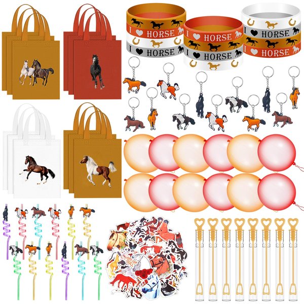 Foilswirl 172Pcs Horse Birthday Party Favors Supplies Non Woven Bags Rubber Wristbands Bubble Wands Straws Punch Balloons Sticker Horse Gifts for Horse Pinata Western Cowboy Themed Parties