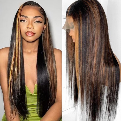 ONECHULY Highlight Ombre Lace Front Wig Human Hair 200% Density 1B/30 13x4 Full Lace Front Wigs Human Hair Glueless Pre Plucked with Baby Hair Balayage Straight HD Transparent Lace Front Wig 24 Inch