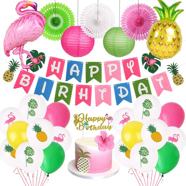 Flamingo Party Supplies, Flamingo Birthday Decorations, Happy Birthday Banners Paper Lanterns Balloons for Hawaiian Tropical Luau Party Decorations