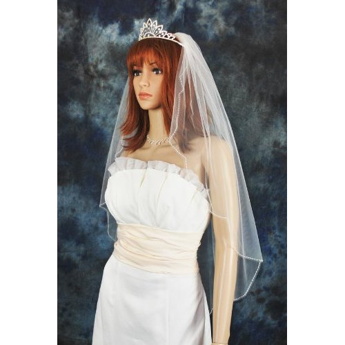 Bridal Veil Ivory 1 Tier Fingertip Length Scallop Edge With White Seed Beads