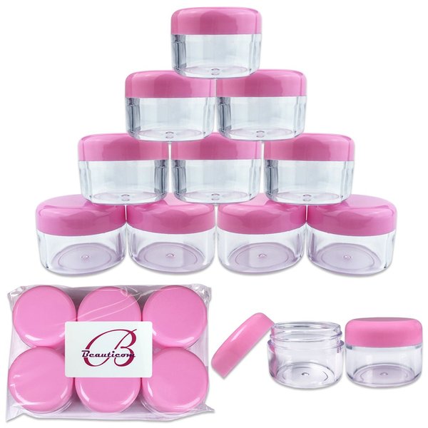 Beauticom 12 Pieces, 30 Gram 30 ML (1 Ounce) Round Clear Refillable Empty Plastic Jars with Pink Screw Cap Lids for Storing Loose Powders and Pigments, Makeup and Beauty Samples - BPA Free