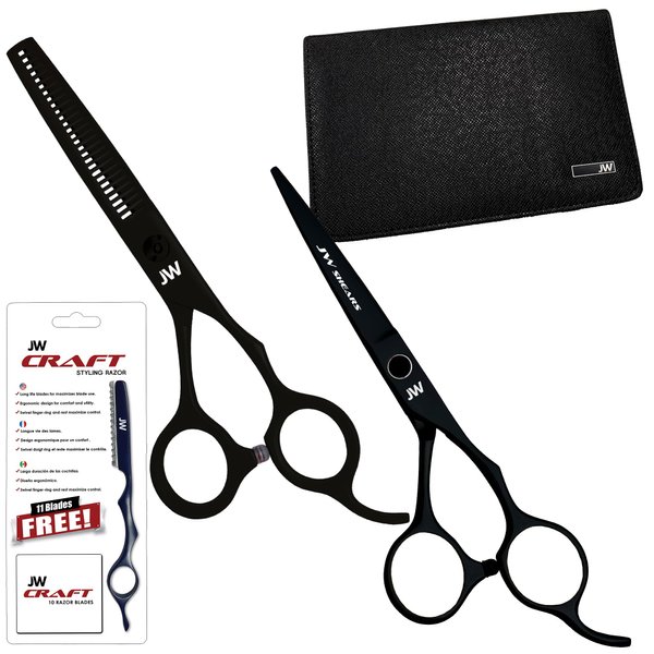 JW Shears Professional Hairdressing Shear, Thinner, Razor and Case Set (6.0" Black)