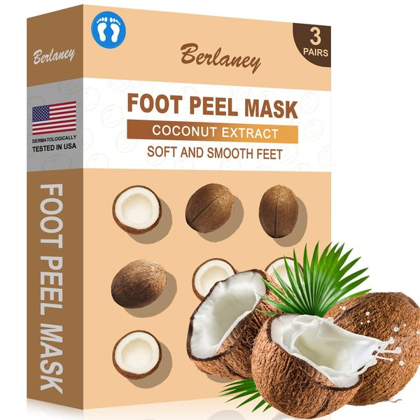 Berlaney Foot Peeling Mask - Pro Callus Remover with Coconut Extract for Rough Cracked Dry Feet - Dead Skin Remove, 3Pairs