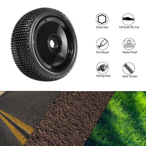 RC Station 4PCS Preglued 17mm hex Wheels and Tires 1/8 Scale RC Buggy RC Tires and Wheels with Foam Inserts 1/8 RC Buggy Tires and Wheels for Typhon, Redcat, Team, Losi, HPI, HPS, 4PCS-Black