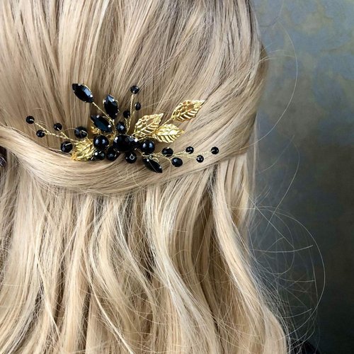 JWICOS Leaves Crystal Bride Wedding Hair Comb Hair Accessories with Beaded Bridal Hair Accessories for Brides and Bridesmaids (Gold Black)