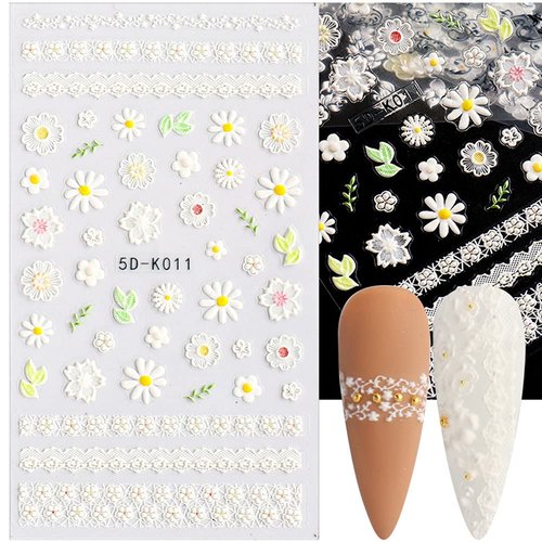 LIULI 5D Flowers for Nails Art Stickers Embossed Lace Butterfly Stereoscopic Engraved Pattern Adhesive Nail Decals for Spring Summer Nail Decorations (Black & White)