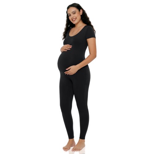 POSHDIVAH Women's maternity Jumpsuit Romper Leggings Pregnancy Short Sleeve T Shirts Bodycon Bodysuit Shapewear Black Medium