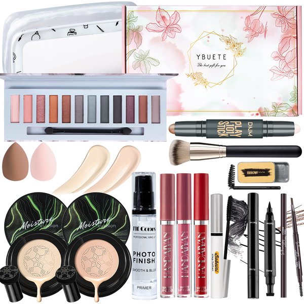 YBUETE Makeup Kit Set for Women, Makeup Gift for Women Teen Girl, Eyeshadow CC Cream Foundation Face Primer, Makeup Brush Sponge, Lipstick, Eyebrow Soap Pencil Mascara Eyeliner Cosmetic bag