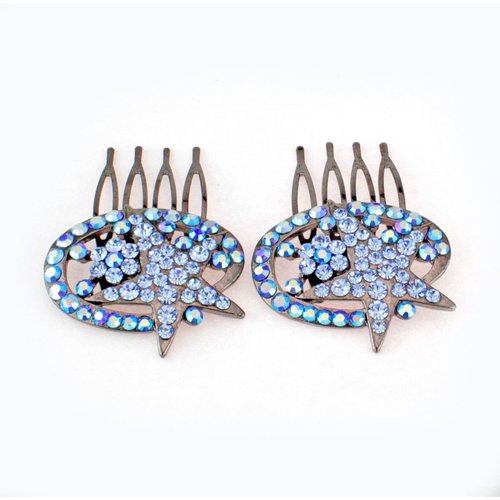 Janefashions 2Pcs Star Blue Austrian Rhinestone Cystal Hair Side Combs Barrette Clip B131b