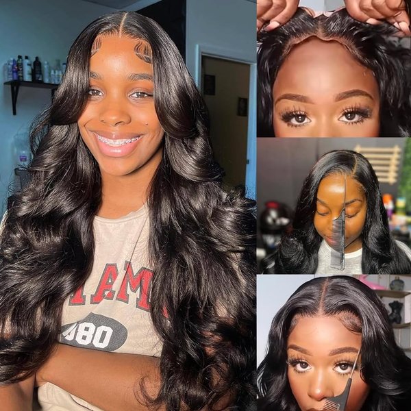 Aorbige Wear & Go 5x5 Invisible Real HD Lace All Melted Skin 0.14mm Ultra-thin Swiss Lace Body Wave Closure Human Hair Wigs,180% Density Natural Hairline with Baby Hair for Black Women 24inch
