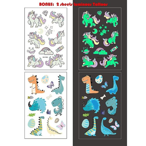 Temporary Tattoos for Kids | 120 Glitter + 20 Luminous Birthday Gift,Kids Party Favors Mermaid Butterfly Animal Dinosaur Pirate Space Fake
