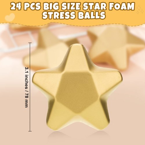 24 Pcs 3.1 Inch Star Stress Ball Stress Relief Balls Star Foam Stress Balls Star Party Favors Foam Stars Balls for Adults Student Prizes Party Bag Fillers Fun Birthday Party Favors (Gold)