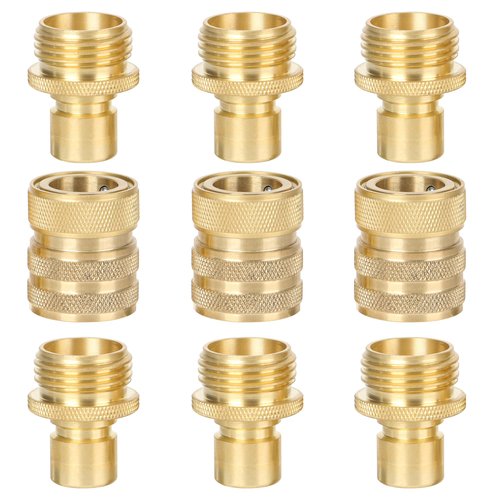 STYDDI Brass Garden Hose Quick Connect Fittings with Water Stop, Solid Brass Hose Quick-Connect Fittings with Auto Shut-off, 3/4 Inch GHT Thread Garden Hose Quick Connector Adapters, 3 Female + 6 Male