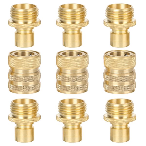 STYDDI Brass Garden Hose Quick Connect Fittings with Water Stop, Solid Brass Hose Quick-Connect Fittings with Auto Shut-off, 3/4 Inch GHT Thread Garden Hose Quick Connector Adapters, 3 Female + 6 Male