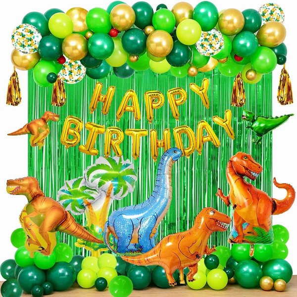 138 PCS Dinosaur Birthday Party Decorations&Balloons Arch Kit(Gold,Green), Dinosaurs Balloons with Pump, HAPPY BIRTHDAY Balloons, for Dino Themed Kid's Birthday Party Supplies&Celebration