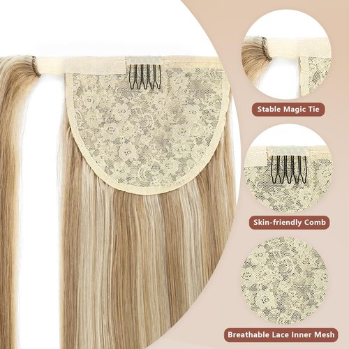 RECOOL Ponytail Extension Human Hair Light Blonde to Bleach Blonde Wrap Around Clip in Ponytail Hair Extensions Hair Piece Real Remy Human Hair Ponytail Extension for Women Long Straight(22 inch)