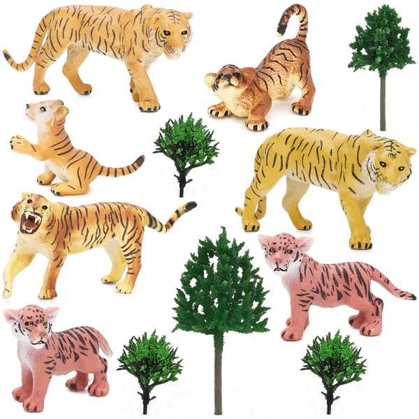 ONEST 12 Pieces Mini Tiger Figurines Set Miniature Model Tiger Tree Toys Tiger Cake Toppers Decoration Small Tiger Figures for Kids Toddlers Birthday Gift