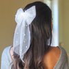 Jeairts Bridal Hair Bow Veil Pearl Wedding Hair Piece White Tulle Bow with Clip Bachelorette Party Hair Accessories for Women and Girls