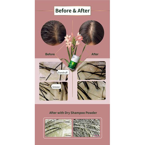 Faciano Dry Shampoo 5.07oz.*4-Waterless.Aerosol powder residue free.Big volume. Removes oil itch dirt. Boost refreshes softens nourishes.Natural organic