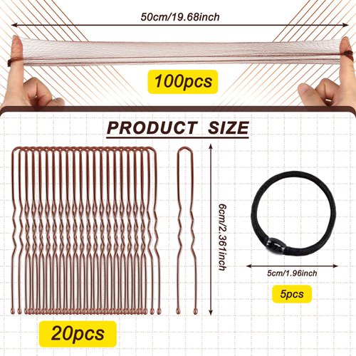 MAGDIY Hair Net Hair Accessories Set with 100 Pcs Invisible Hair Nets, 20 Pcs U-Shaped Pins and 5 Pcs Hair Ties, 20 Inch Elastic Edge Hairnets for Women, Girls Ballet Bun Making (Brown, 125 Pcs Set)