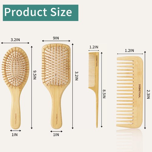 DEBETOOL Bamboo Hair Brush Set - Natural Bamboo Paddle Detangling Hairbrush and Comb Set, Suit for Thick/Thin -Gift for Women Men and Kids