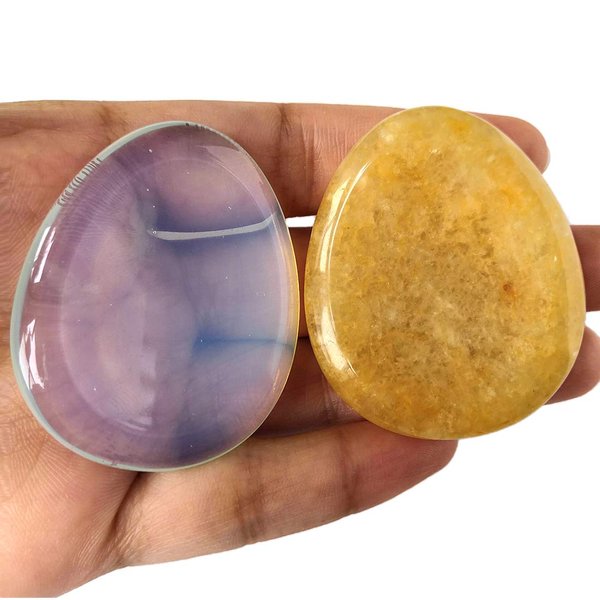 Loveliome Thumb Worry Stone, Stress Relax Healing Reiki Crystal Pocket Palm Stones,Opalite w Yellow Jade,Pack of 2