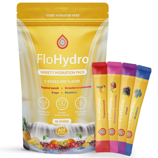 FloHydro Electrolytes Powder | Low Sugar Hydration Packets | tropical punch, grape, strawberry-lemonade, blueberry | 20 Sticks