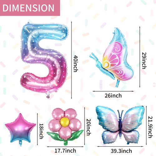 Butterfly Balloon 5th Birthday Decorations,Butterfly Balloons Colorful Gradient Pink Butterfly Foil Mylar Balloon for Fairy 5th Birthday Party Decorations Girl Party Supplies Baby Shower