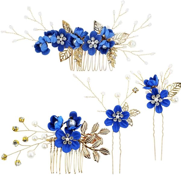 4Pcs Bridal Headpieces Hair Combs, Handmade Hair Comb Set Flower Pearl Hair Barrettes, Crystal Floral Leaf Hair Clip Hair Accessories for Women Girls Bride Bridesmaid