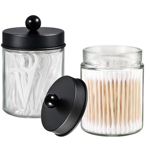 3 Pack Apothecary Jar Canisters Bathroom Vanity Organizer - Qtip Holder Storage Organizer Set Countertop Canister with Stainless Steel Lids &Cute Stickers for Qtips,Cotton Swabs,Makeup Sponges,Floss