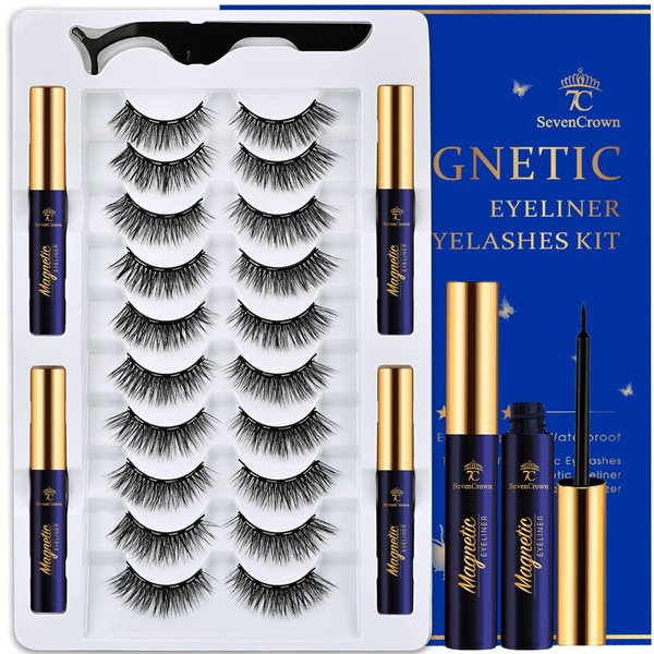 7C SEVENCROWN Magnetic Eyelashes Magnetic Lashes Natural Looking with Eyeliner,10 Pairs Medium Wispy Cat Eye Magnetic False Eyelashes,Pestañas Magneticas, Upgraded Long Lasting,Reusable,Lightweight,Cruelty-Free,Easy(4 Tubes)
