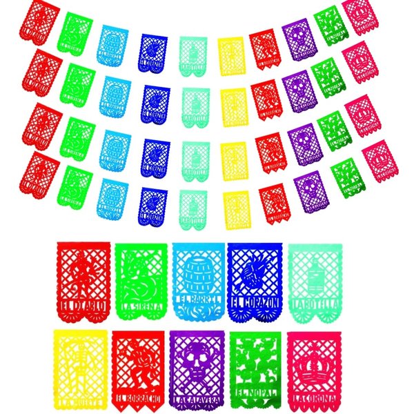 40 FT Mexican Banner Papel Picado Plastic Set, La Loteria Party Banners, Mexican Banner Decorations (10 FT x 4) Four Mexican Party Decorations para Cinco de Mayo, Decoracion Loteria Mexicana