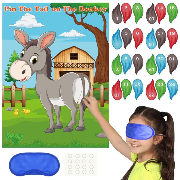 PLULON Pin The Tail on The Donkey Party Game for Kids, Donkey Themed Animal Birthday Party Games Donkey Poster with Tail Stickers for Kids Farm Animal Donkey Party Favors Home Wall Decorations