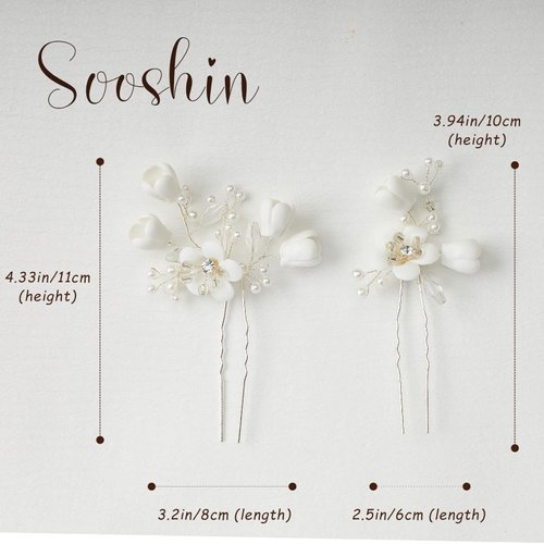 Sooshin 2 Pieces Porcelain Flower Bridal Hair pins Pearl Wedding Hair Accessories for Brides and Bridemaids Rhinestone Bridal Headpieces for wedding Crystal Hair Pins for Women and Girls (Silver-C)