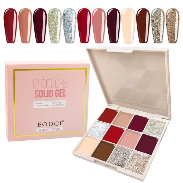 eodci Solid Gel Nail Polish, 12 Colors Neon Pink Yellow Green Glitter Polish Pudding Gel Soak Off LED Nail Art Kit Salon DIY Home