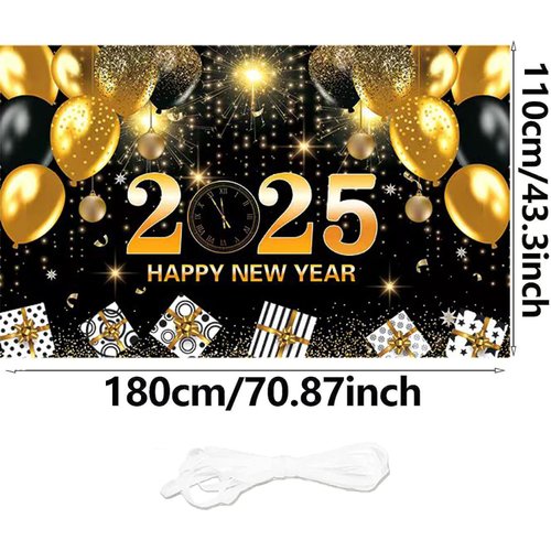 Happy New Year Decorations Backdrop, Black Gold New Years Eve Banner 2025 for New Years Eve Party Supplies 2025 New Years Decorations 71x43 Inch
