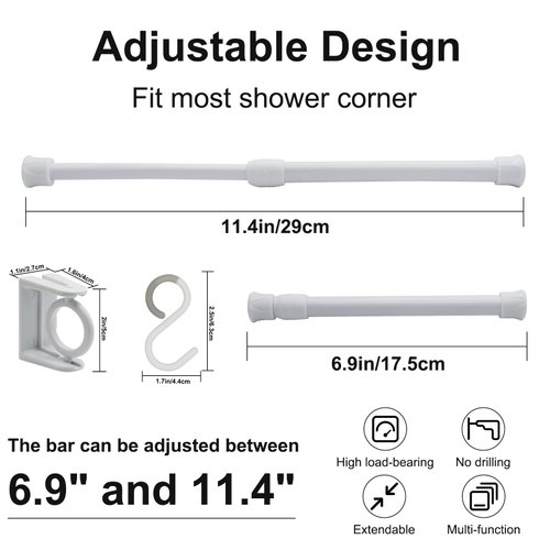 SUNCARACCL 2 Sets RV Camper Travel Trailer Bathroom Corner Storage Bar, Adjustable Spring Tension Rods with Rotatable Bracket and S-Hooks, RV Accessories for Inside for Securing Toiletries
