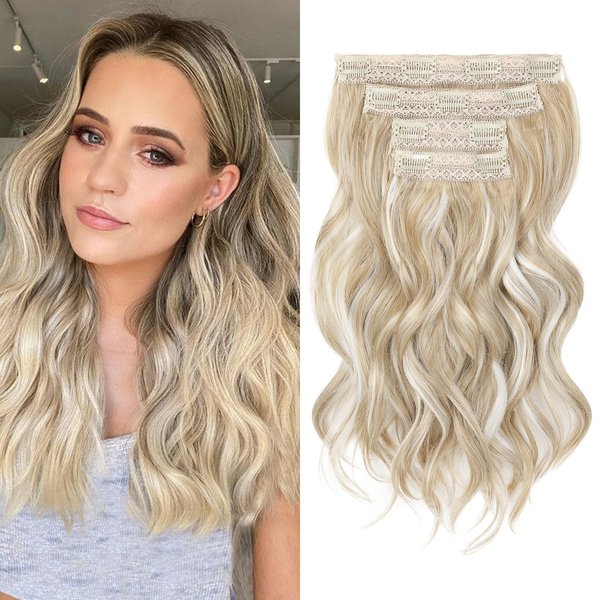 REECHO Hair Extensions, 4PCS Clip in Hair Extensions 14" Short Beach Wavy Hair Extensions Invisible Lace Weft Natural Soft Hairpieces for Women – Ash Blonde with Highlights