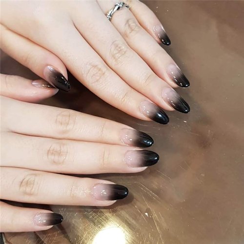 Ibliss Glossy Press on Nails Black Long Full Cover Fake Nails Oval Acrylic False Nails Gradient Nails for Women and Girls 24PCS (Black)