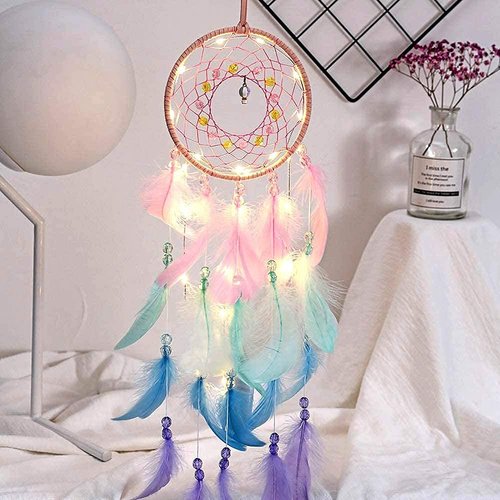 Crosszen Dream Catcher Wall Decor, Handmade Dream Catcher with LED Light, Colorful Feather Dream Catchers Wall Decor, Dreamcatchers Gift for Girls Kids Women