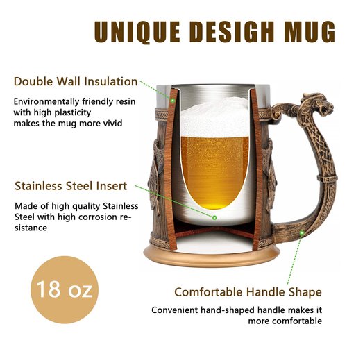 WOKHACH Viking Tankard Beer Viking Mug,Stainless Steel Drinking Tankard Mug Coffee Cup,Norse Mythology Folklore Poetic Edda Gothic Decor Party Decoration Drinkware Gift for Men 18OZ(Dragon Drakkar)