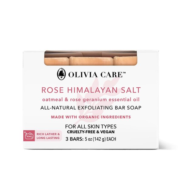 Olivia Care Exfoliating Bar Soap With Rose Himalayan Salt Natural & Organic - Infused w/Oatmeal & Rose Essential Geranium Oil - Moisturize, Detoxify, Hydrate - 3 X 5 OZ