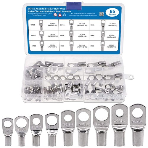 MMOBIEL 65PCS Assortment Battery Cable Ends Heavy Duty Wire Lugs (AWG) Bolt Hole Tinned Copper Connector Set-Wire Cable lugs Ring Battery SC Terminals Set Marine Grade Cold-Pressed Crimp Type