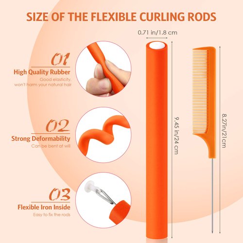 30 Pieces Flexible Curling Rods Twist Foam Hair Rollers Soft Foam No Heat Hair Rods Rollers and 1 Steel Pintail Comb Rat Tail Comb for Women Girls Long and Short Hair (9.45 x 0.71 Inch, Orange)