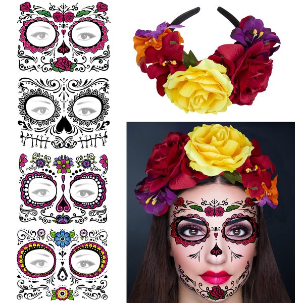 Rose Flower Halloween Headband & Day of the Dead Face Tattoos, Temporary Tattoo Stickers and Mexican Floral Headpiece for Halloween Costumes Party Supplies Cosplay Festival , Day Of the Dead headband