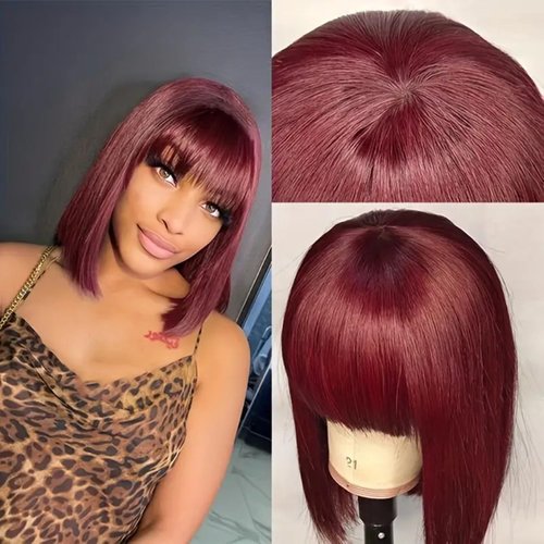 Ulaphence 99J Burgundy Colored Straight Short Bob Wigs with Bangs Glueless Full Machine Made 180% Density Human Hair Bob Wigs Purple Burgundy None Lace Front Wigs Human Hair for Women 12 Inch