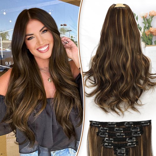 KooKaStyle Clip in Hair Extensions Thick Long Straight Hair Extensions Upgrade Soft Lace Weft Lightweight 7PCS Layered Hair Extensions Medium Brown with Warm Highlights 20Inch for Women