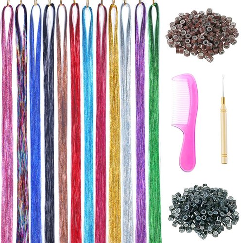 Hair Tinsel Kit with Tools 3200 Strands Tinsel Hair Extensions 16 Colors Heat Resistant Glitter Fairy Tinsel Hair Accessories for Women for Christmas